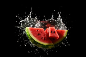 Juicy watermelon slices and splashes of water on a black background. AI generative.