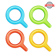 Magnifying glasses or loupes icons set. Glossy colored magnifier icons isolated on white background. Realistic 3D vector graphics in plastic cartoon style