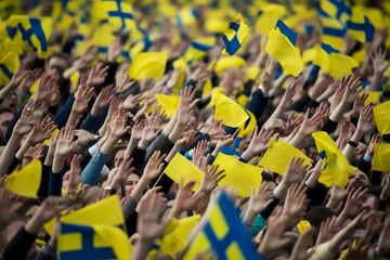 Unidentifiable crowds demonstrating with waving Sweden flags, Generative Ai