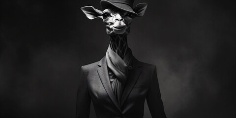 giraffe in a suit as a businessman in black and white, generative ai