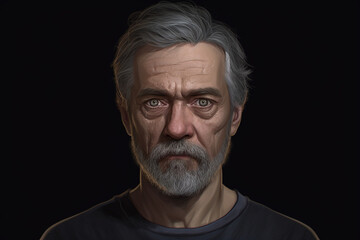 Obraz premium Head and shoulders portrait of a grey haired middle-aged man looking thoughtfully at the camera, isolated from background, Created using generative AI tools.