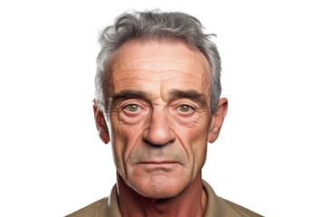 Head and shoulders portrait of a grey haired middle-aged man looking thoughtfully at the camera, isolated from background,  Created using generative AI tools.