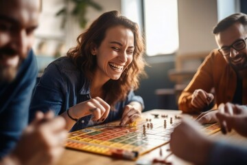 Fototapeta Cheerful couple engaged in a board game at home, experiencing joy and togetherness during leisure time, generative ai obraz