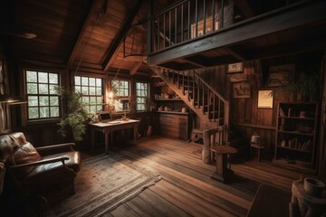 Obraz na płótnie Canvas A warm and inviting living space with a rustic wooden cabin vibe. Generative AI