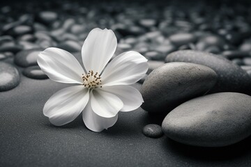 Fototapeta na wymiar Gray background with white flower and smooth pebbles. Generative AI