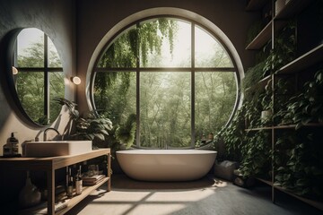 Modern bathroom with big circular windows and greenery. Generative AI