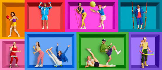 Different young people, men and women in stylish clothes training, doing different types of sport. Contemporary art collage. Concept of active, sportive lifestyle, fashion, emotions, youth