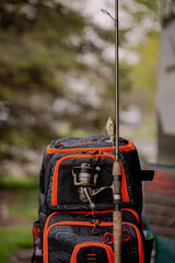 Set of fishing gear rod spinning reel lure backpack