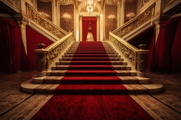 Fototapeta na wymiar Luxury red carpet VIP staircase signifies success, wealth, and superiority. Palace-like surroundings for career growth and self-improvement. Gold. Generative AI