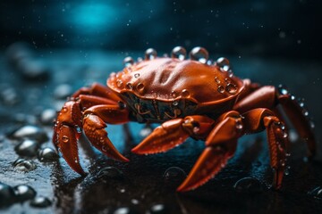 A vibrant crab perched on icy bubbles and droplets with arched and extended limbs. Generative AI