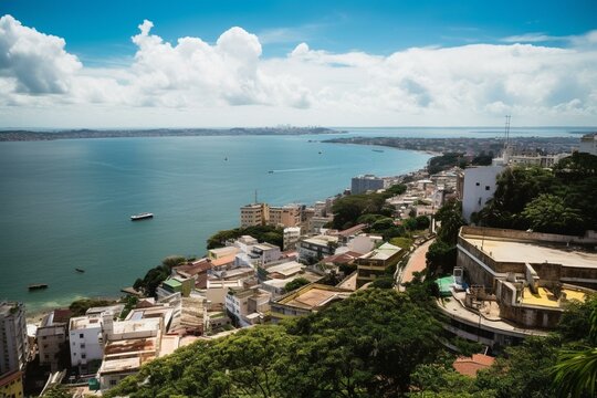 View of Salvador skyline from Elevator Lacerda, overlooking Bay of All Saints on a sunny day with blue sea. Generative AI