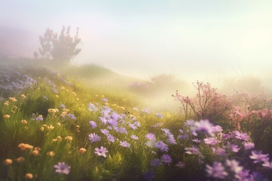 Pastel spring scenery with blooming flowers, mist, and dew. Illustration. Generative AI © Thalia