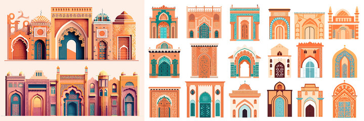 Abstract Morocco architecture set. Simple geometric staircases and eastern arches, moroccan style simple contemporary cards, trendy boho doors and windows. Generative AI - obrazy, fototapety, plakaty