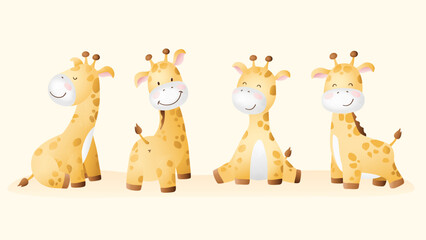 Adorable kids print with Baby Giraffes poses. Safari animal. African wildlife. Funny cartoon childish characters for baby shower, greeting card, print, invitation, clothes for newborn. Isolated vector © Olena