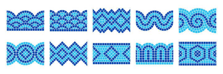 Set of ancient geometric mosaic seamless borders. Decorative antique stone ornaments. - obrazy, fototapety, plakaty