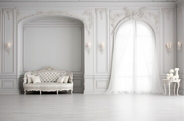 interior of a white room with a sofa, backdrop, generative ai