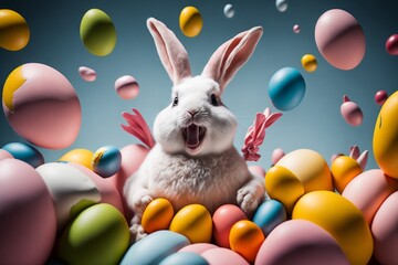 Obraz na płótnie Canvas Happy Easter Bunny with many colorful easter eggs.