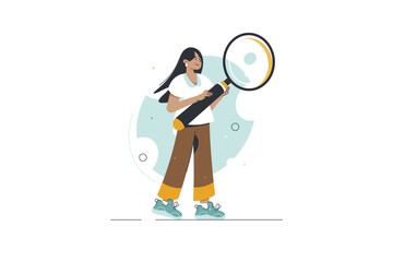 Woman character holding magnifying glass looking through. Searching investigation and research concept. Finding idea and solution vector illustration.