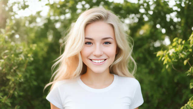 Joyful woman with blonde, wavy hair looking at camera on green blurred background with mockup. Generative AI.