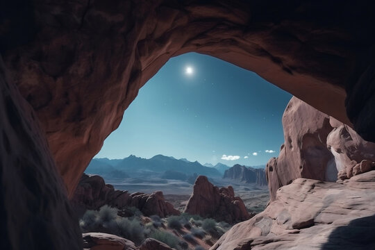 Cold blue mountain landscape and moon visible through rocky arch generative ai