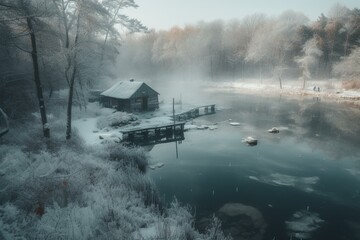 A frozen body of water with ice hut, surrounded by snowy woodland in a fishing village during winter. Generative AI