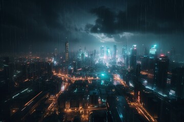 Futuristic city with neon skyscrapers under cloudy sky. Generative AI