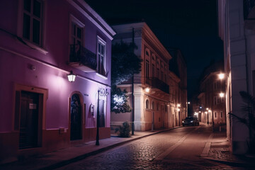 Fototapeta na wymiar City street with traditional house and glowing purple night lights generative ai