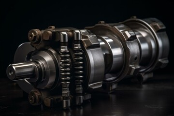 Fototapeta na wymiar A 6-cylinder truck crankshaft with pistons and rings on a grey background. Generative AI