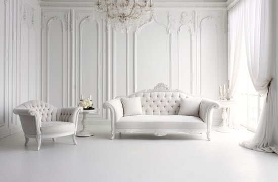 no color white interior room with sofa backdrop, generative ai