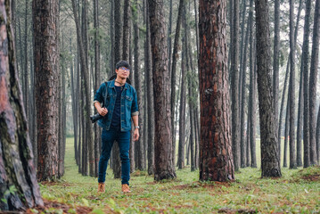 Obraz premium Traveler woman take a photograph in nature Pine Park. Tourist with camera travel photo of photographer Making pictures Traveling Trip Sightseeing Tourism concept.