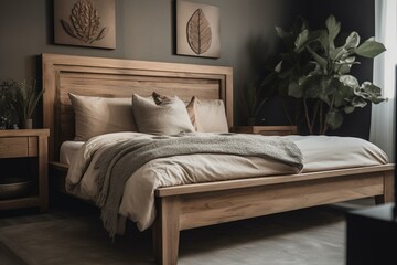 Fototapeta na wymiar A bedroom featuring a wooden bedframe, neutral linens, and ceramic decor. Generative AI