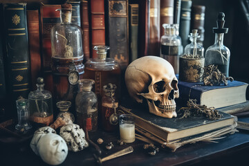 Medieval alchemy laboratory with various flasks and old books during halloween, AI
