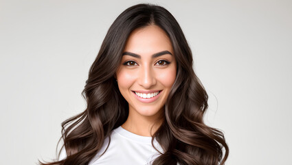 Arabic woman with brown hair looking at camera. Empty background with copy space. Generative AI.