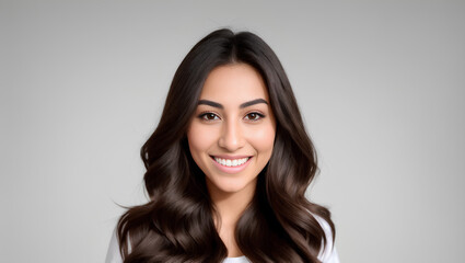 Fototapeta premium Smiling woman with brown, wavy hair looking at camera. Empty background with copy space. Generative AI.