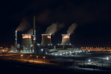 Coal power plant complex at guarded industrial district with three smokestacks at night generative ai
