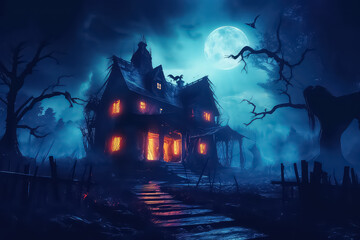 Dark spooky mystical bat castle, scary gloomy halloween mansion, AI
