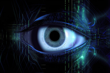 Macro eye with high technology for futuristic virtual reality. Concept of biometric and retinal scanning and personal data security
