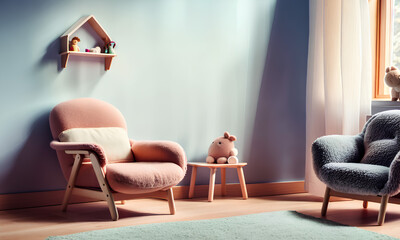 Boho interior with pink and blue armchairs, rug, table, blue walls and window. Generative AI.