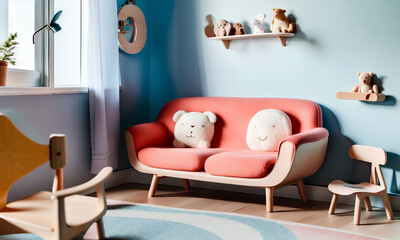 Kid's interior with red sofa, chair, rug, blue walls and window. Generative AI.