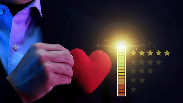 Businessman or customer give rating to service experience on virtual touch screen and thinking about rows of star to review satisfaction feedback survey, Customer service evaluation concept