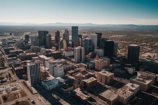 Aerial view of downtown Denver, CO skyline. Generative AI