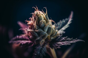 Naklejka na ściany i meble Close-up view of marijuana bud in dimly lit space with pink lighting. Generative AI