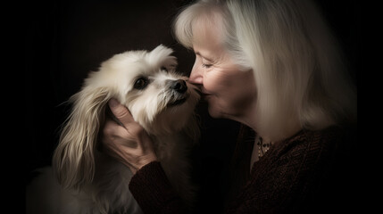 Elder woman kissing her dog on dark, empty background with mockup. Generative AI.
