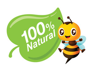 Cartoon honey bee beside leaf icon with 100 percent natural wording for healthy product illustration