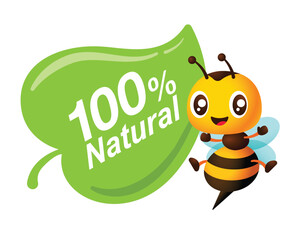 Cartoon honey bee beside leaf icon with 100 percent natural wording for healthy product vector illustration