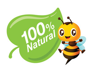 Cartoon honey bee beside leaf icon with 100 percent natural wording for healthy product illustration