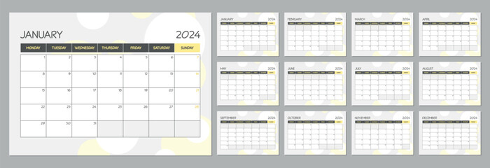 Monthly calendar planner template for 2024 year. Wall calendar schedule in a yellow minimalist style. Week Starts on Monday 