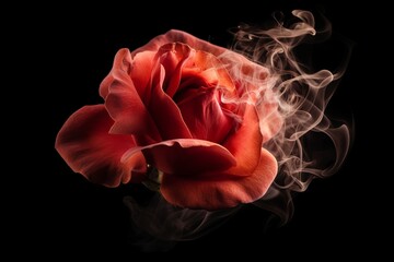 Swirling red smoke roses on black background from generative ai
