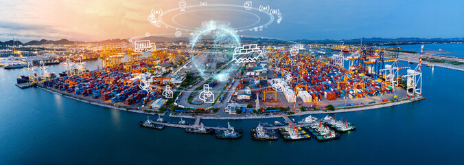 Earth World Map logisitcs iconTechnology transportation logistics at Cargo sea port. Container Ship Futuristic Global Logistics international delivery concept AI,  logistic and supply chain network