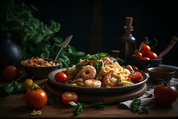 Savory fettuccine mixed with succulent shrimp, juicy tomatoes, and fragrant herbs. Generative AI